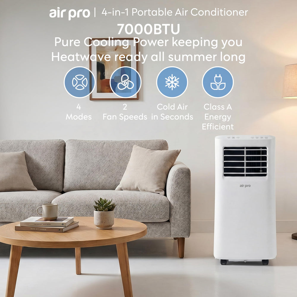 Mobiele slimme airco met digitaal display toont temperatuur en wifi-verbinding. Geschikt voor klimaatbeheersing.