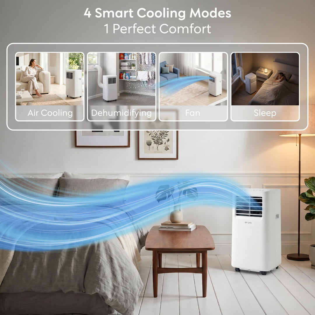 Compacte draagbare airconditioner in moderne woonkamer, klaar voor verkoeling en ontvochtiging.