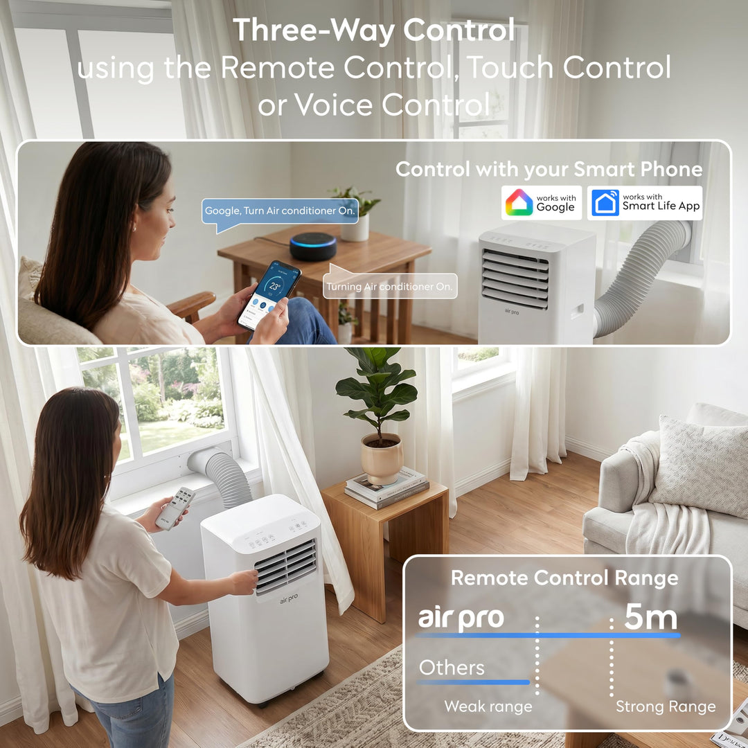 Zijaanzicht van de slimme mobiele airconditioner, strak wit design voor elke ruimte.