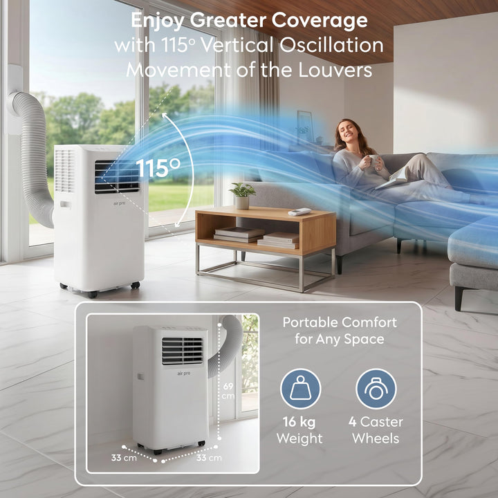 Elegante draagbare airconditioner met wifi-integratie, ideaal voor slimme koeling in huis.