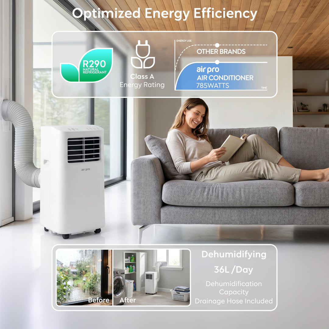 Gebruiker bedient de slimme draagbare airco via app op smartphone, efficiënte wifi klimaatbeheersing.