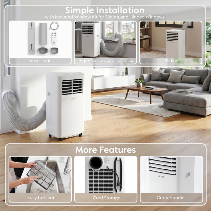 Stille en mobiele airconditioner met 4-in-1 functies, voor comfortabele verkoeling en luchtverbetering.