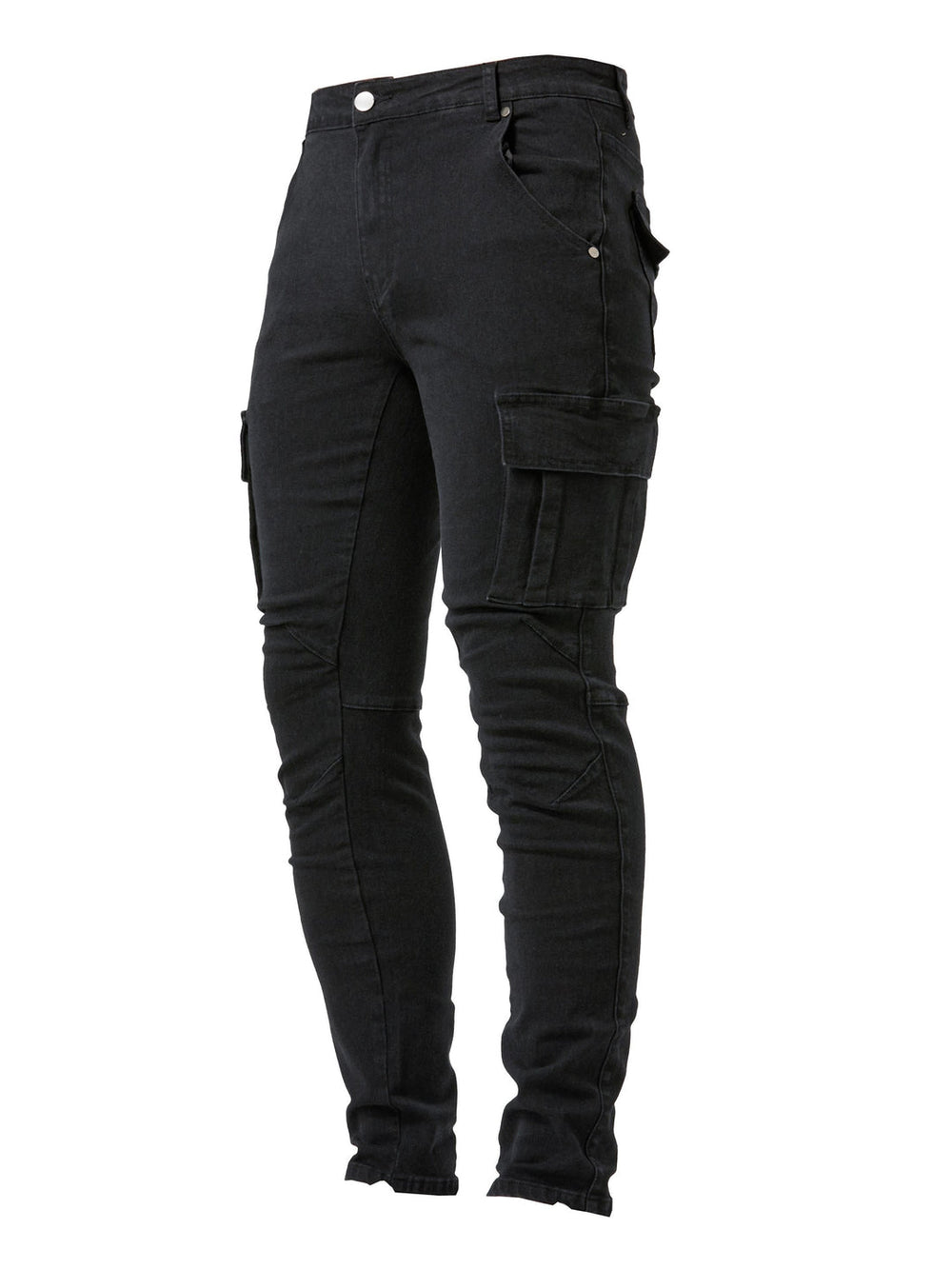 Gedetailleerde weergave van de ruime cargo zakken op de modieuze heren slim fit spijkerbroek.