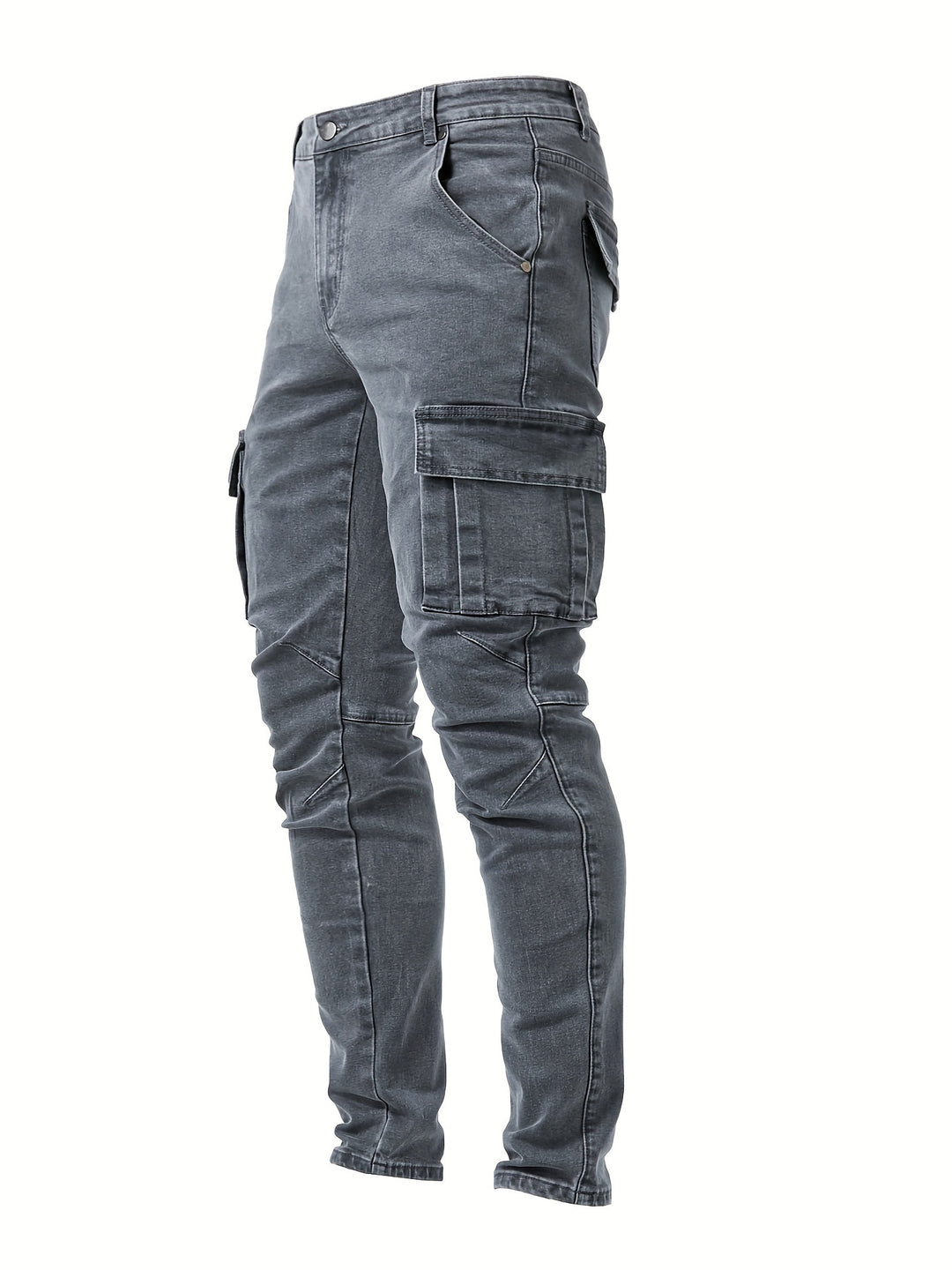 Zijaanzicht van de stijlvolle heren slim fit cargo jeans met functionele zijzakken en stretch stof.