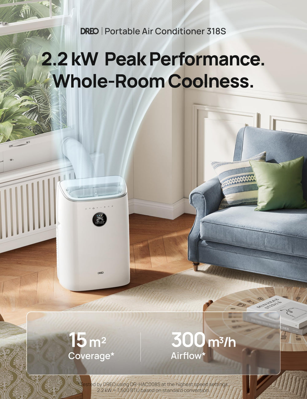 Mobiele airco met wieltjes en handvat; compacte, draagbare unit voor flexibele koeling in elke ruimte.