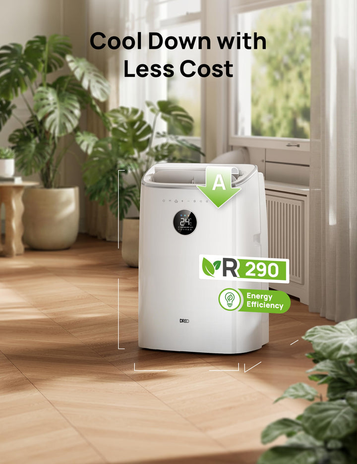 Stijlvolle draagbare airco in woonkamer, zorgt voor aangename koeling, ventilatie en ontvochtiging.