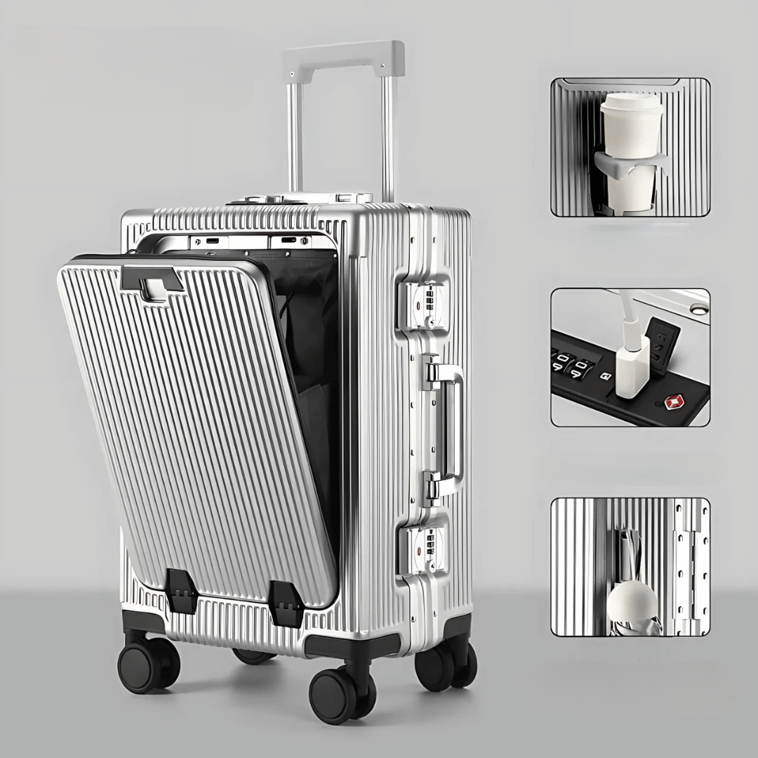 Moderne slimme handbagagekoffer met laptopvak en USB-oplaadfunctie voor de moderne reiziger.
