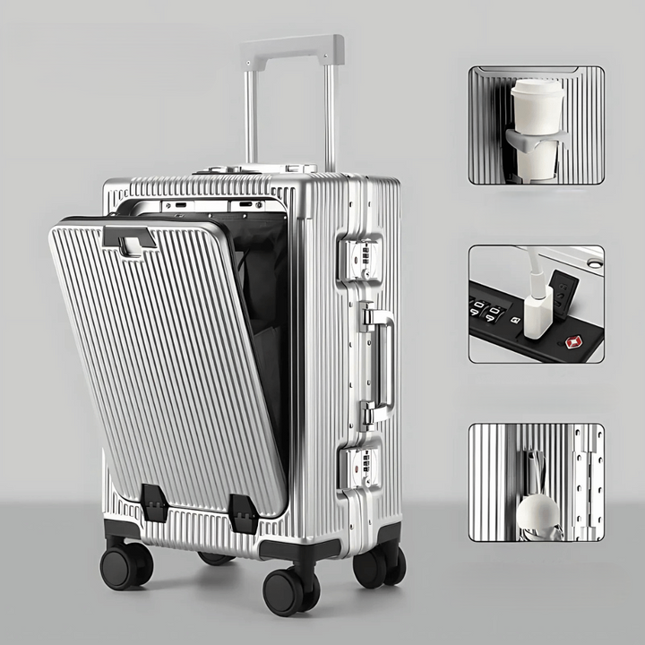 Moderne slimme handbagagekoffer met laptopvak en USB-oplaadfunctie voor de moderne reiziger.