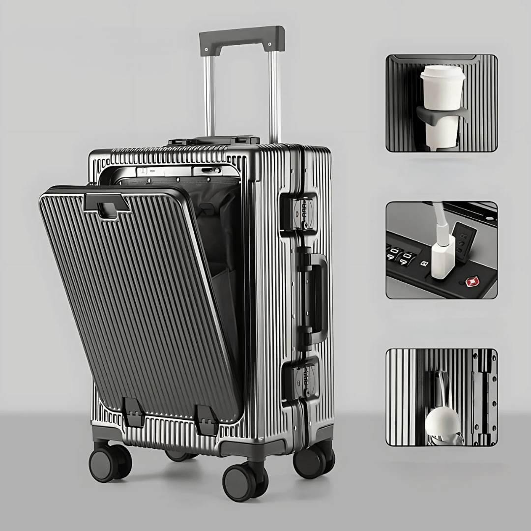Elegante donkere Manhattan Pro handbagagekoffer, perfect voor laptop & opladen via USB.