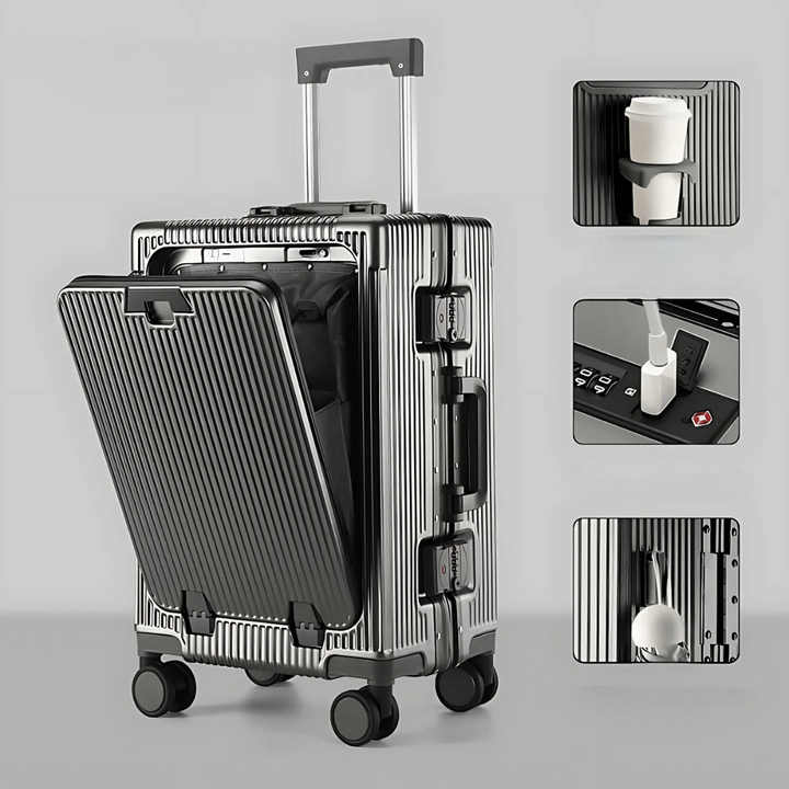 Elegante donkere Manhattan Pro handbagagekoffer, perfect voor laptop & opladen via USB.