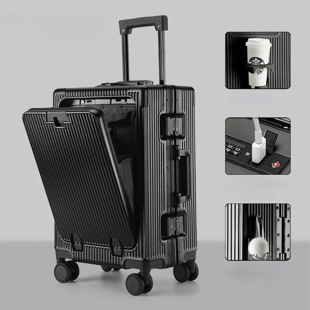 Handbagagekoffer Manhattan Pro: hartschalen, laptopvak, USB-poorten, ideaal voor slim reizen.