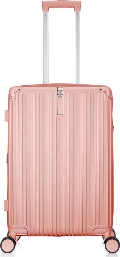 Reiscomfort: Mykonos hardshell koffer rollend door een luchthaven, met de bekerhouder in gebruik.