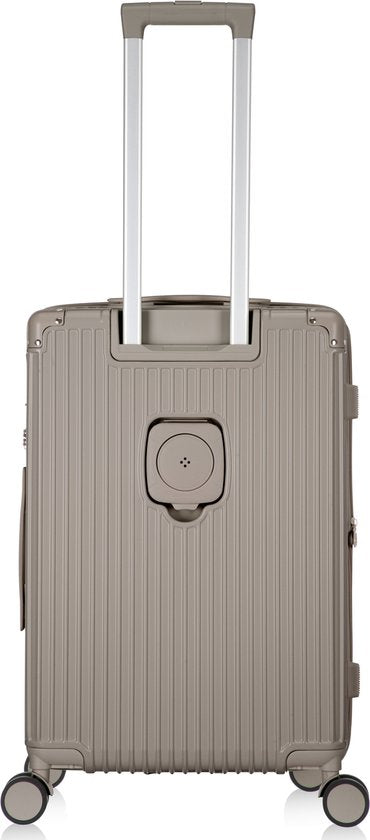 Handige uitschuifbare bekerhouder aan de zijkant van de slimme hardshell handbagage koffer.