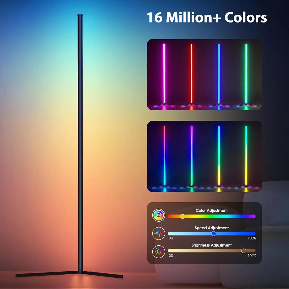 "SmartRGB hoek vloerlamp 155 cm, slank ontwerp met dimbare RGB-kleuren, past in hoeken voor stijlvolle verlichting."
