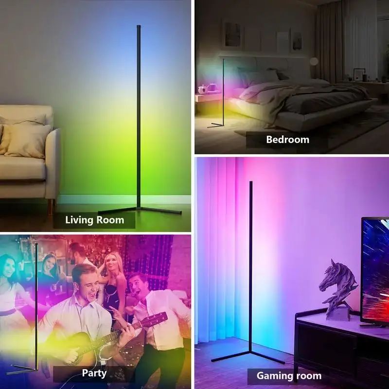 "SmartRGB hoek vloerlamp 155 cm, slank ontwerp met dimbare RGB-kleuren, past in hoeken voor stijlvolle verlichting."