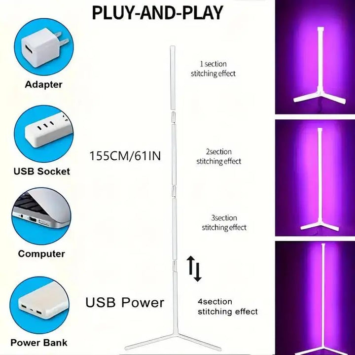"SmartRGB hoek vloerlamp 155 cm, slank ontwerp met dimbare RGB-kleuren, past in hoeken voor stijlvolle verlichting."