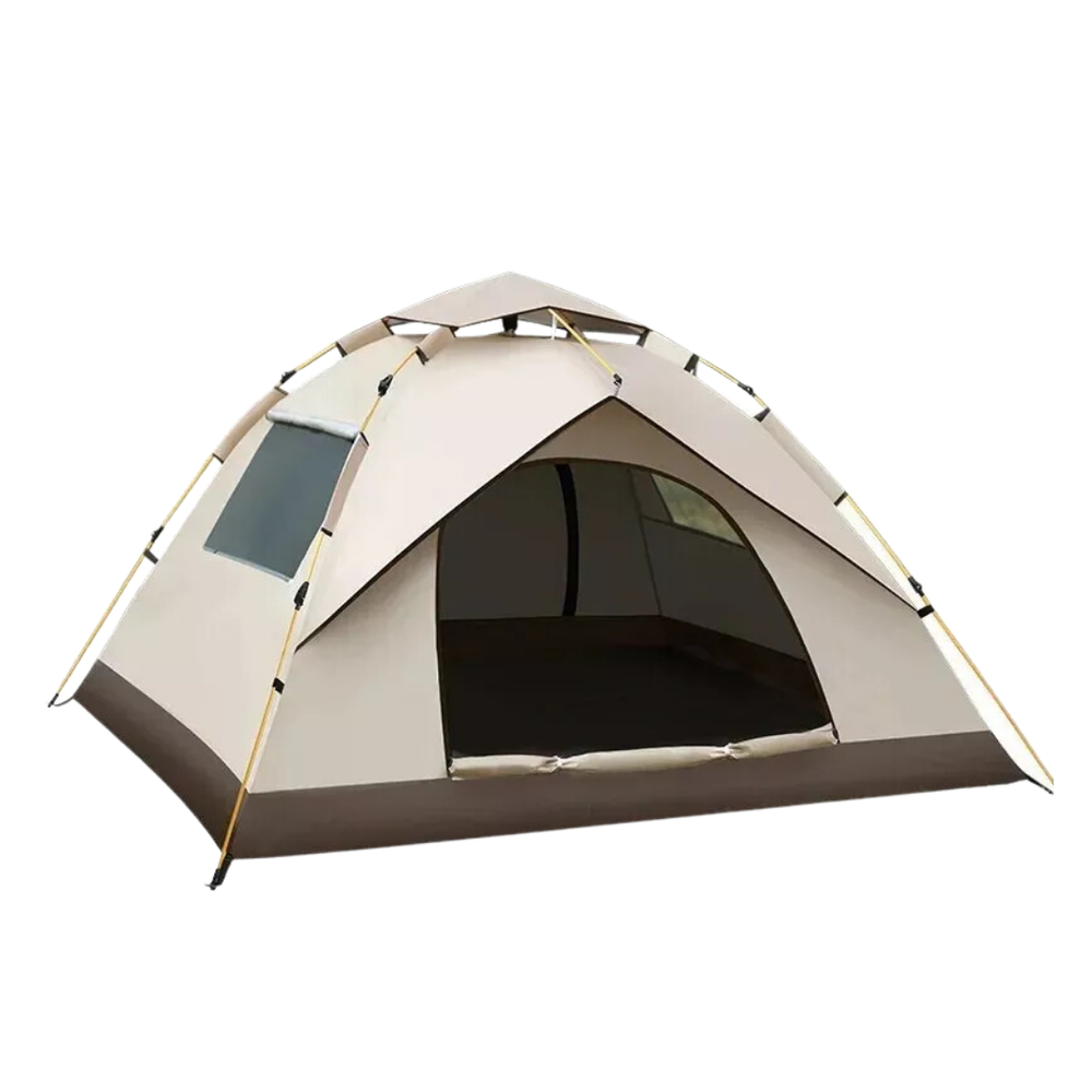 "Snel opzetbare, dubbellaagse, waterdichte tent op groene ondergrond, geschikt voor 2-3 personen, ideaal voor kamperen."