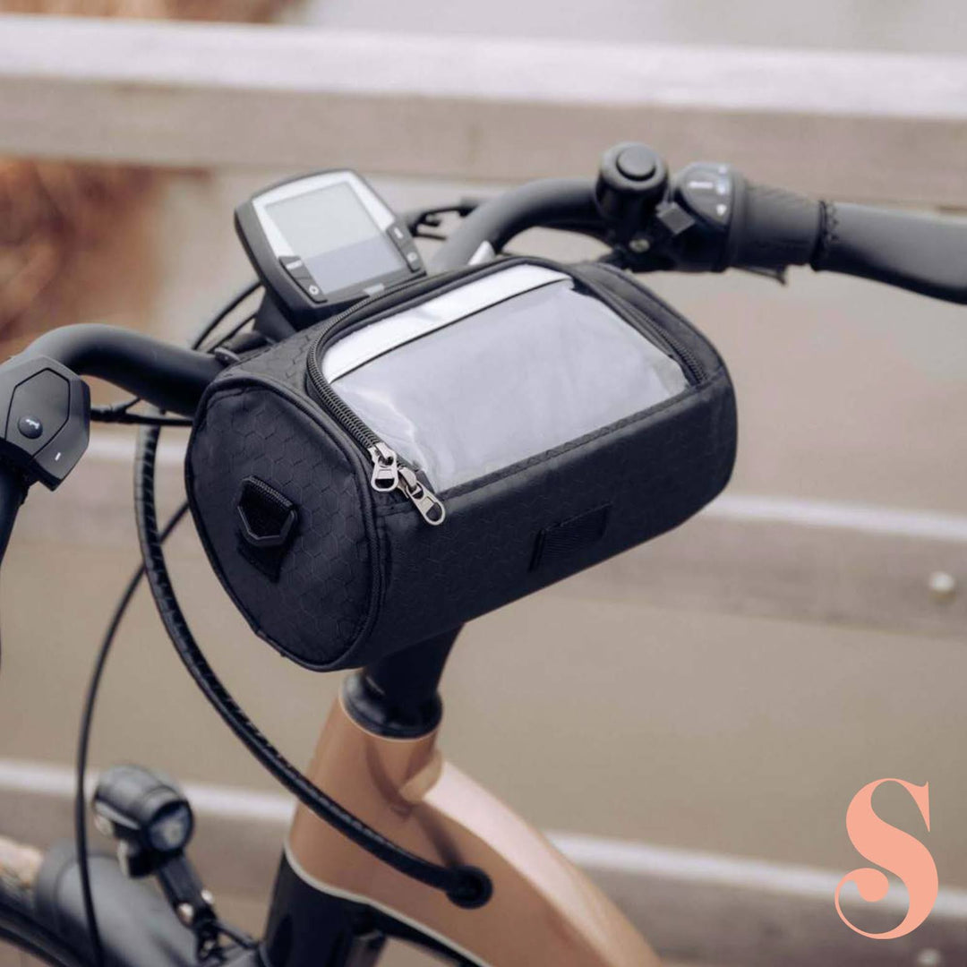 "Speedy Fiets Tas met wit touchscreen venster, waterdichte constructie en stevige bevestiging, perfecte fietsaccessoire."