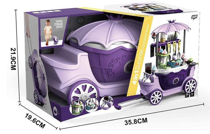 Speelgoed ijskar met kleurrijke ijsjes en snoepjes op stevige wielen voor creatief rollenspel en fantasie.