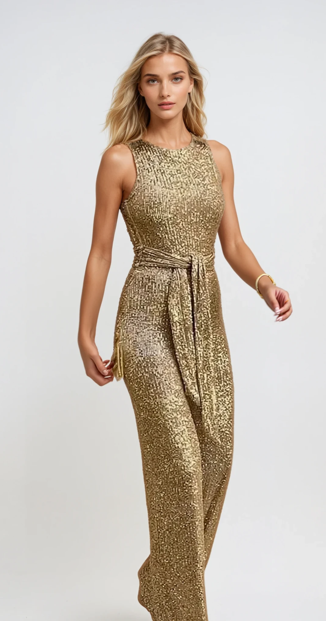 "Sprankelende dames jumpsuit met glinsterende stof en aanpasbare taille, ideaal voor feestelijke gelegenheden en elegantie."