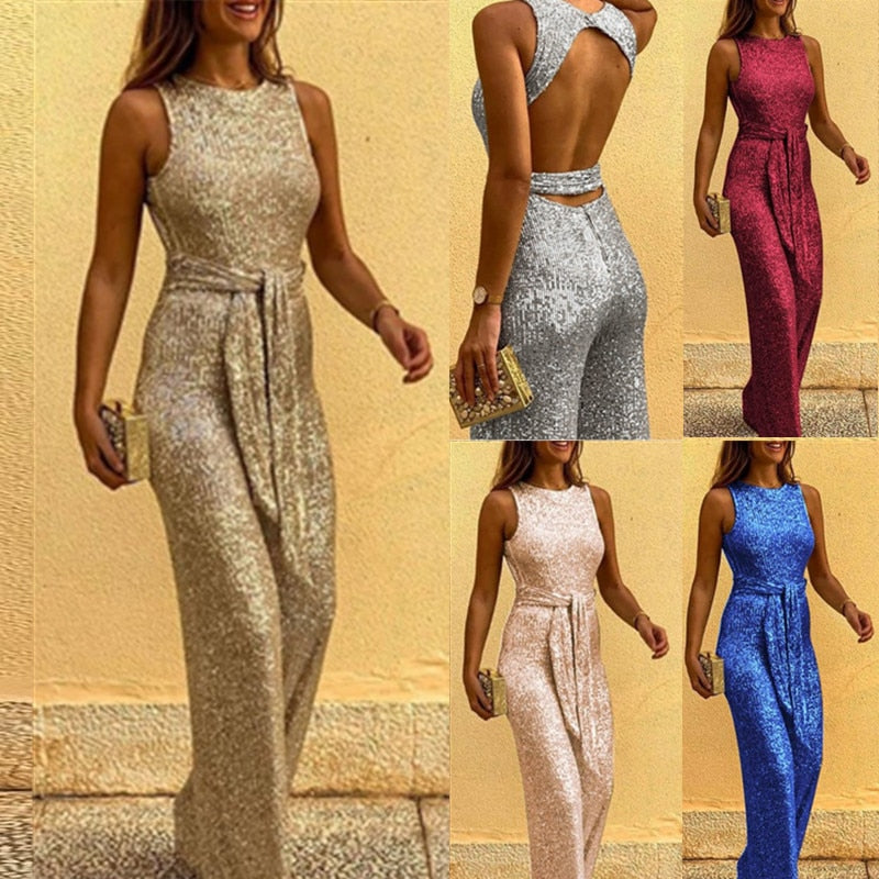 "Sprankelende dames jumpsuit met glinsterende stof en aanpasbare taille, ideaal voor feestelijke gelegenheden en elegantie."