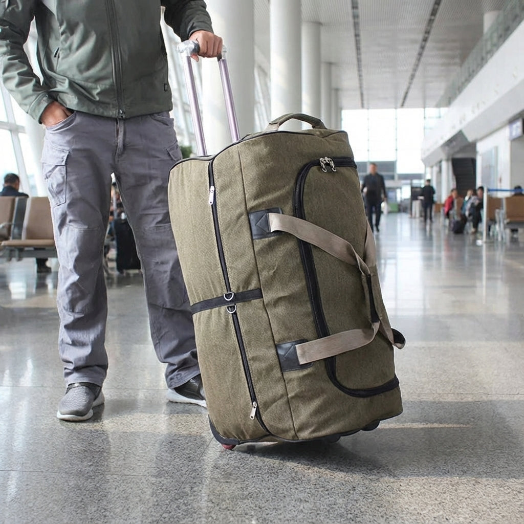 Stevige canvas reistas met wielen; perfecte duffelbag voor comfortabel reizen en vakantiebagage.