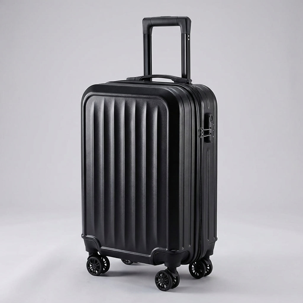 Zijaanzicht van de elegante geribbelde Traveon koffer, een duurzame reisaccessoire met uniek design.