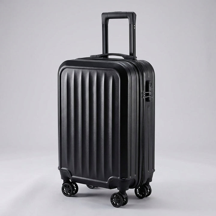 Zijaanzicht van de elegante geribbelde Traveon koffer, een duurzame reisaccessoire met uniek design.