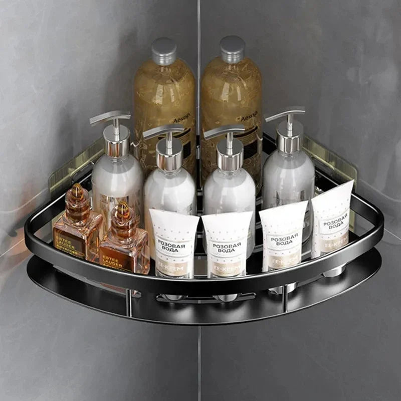Ruimtelijk aluminium hoekrek voor de badkamer, gemakkelijk zonder boren te monteren.