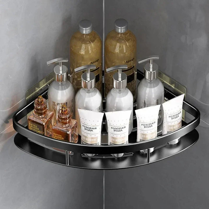 Ruimtelijk aluminium hoekrek voor de badkamer, gemakkelijk zonder boren te monteren.