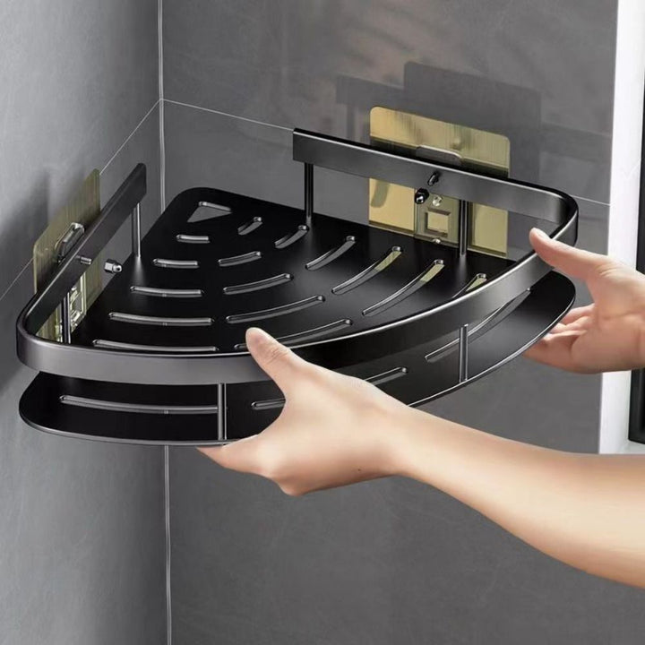 Stijlvol hoekrek van aluminium, ideaal voor douche en badkamer accessoires, eenvoudig te installeren.