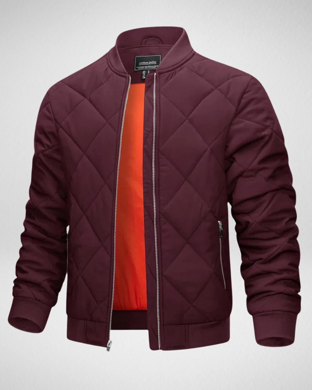 Stijlvol bordeauxrood heren gewatteerd bomberjack. Warm en casual herenjack voor herfst en winter.