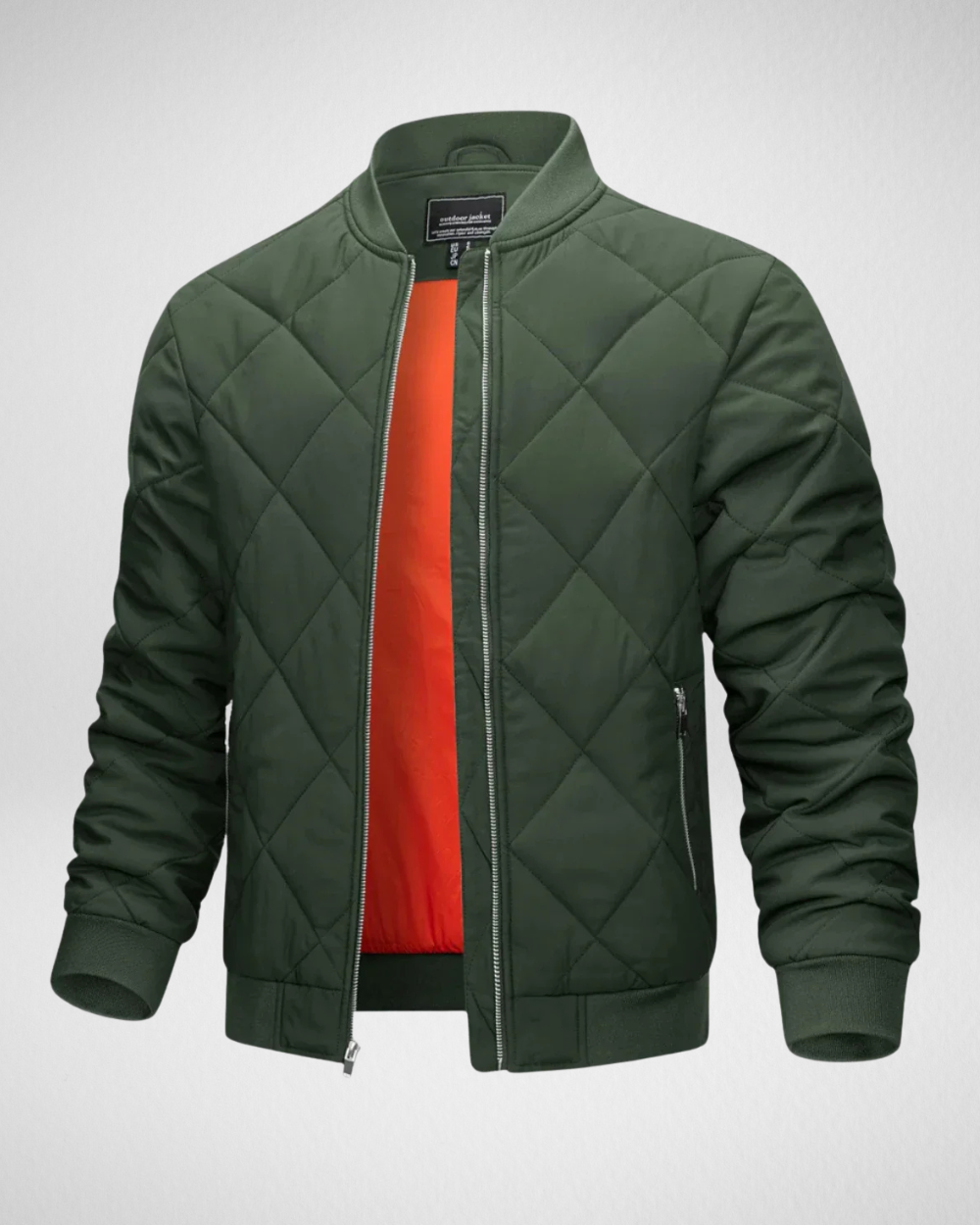 Marineblauw heren bomberjack met ritssluiting, een stijlvolle en warme winterjas voor mannen.