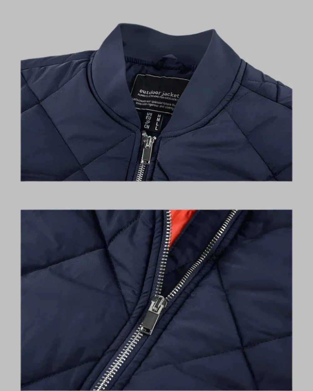 Detail van het gewatteerde heren bomberjack met duurzame ritssluiting en comfortabele voering.
