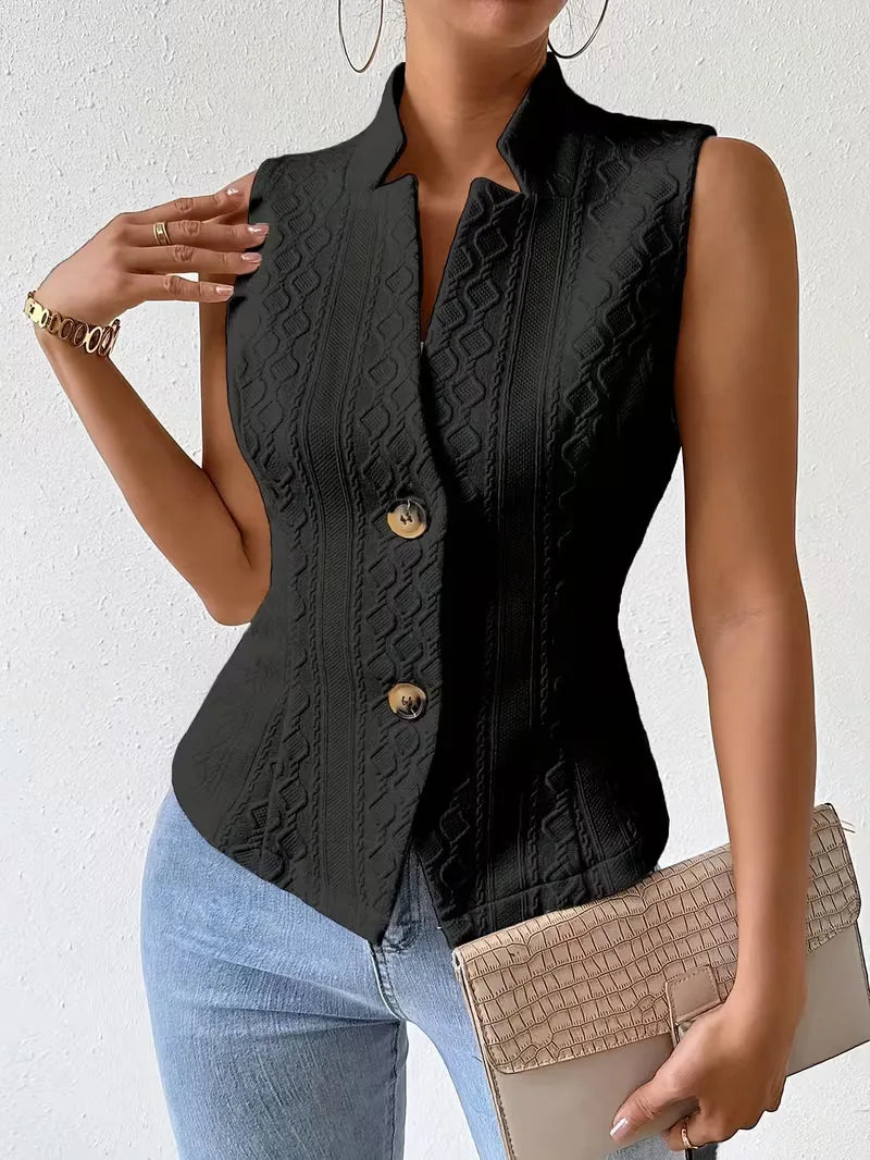 Trendy dames slim fit gilet, benadrukt figuur met V-hals en knopen, perfect voor de moderne vrouw.