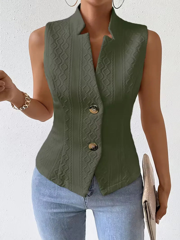 Verfijnd dames gilet met V-hals, knoopjes en slim fit, ideaal voor zakelijke bijeenkomsten en elegantie.