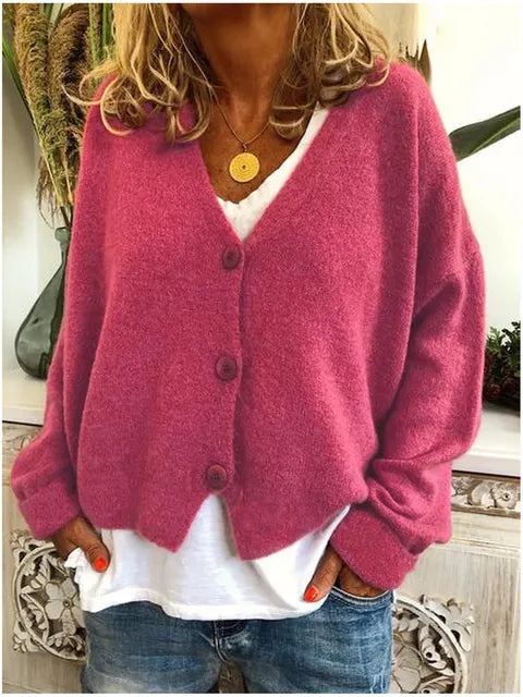 Modern dames vest met V-hals en knoopsluiting. Dit stijlvolle lente/herfst vest met lange mouwen is zeer comfortabel.