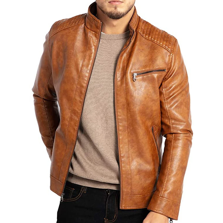 Stijlvol heren bikerjack met opstaande kraag en ritssluiting, perfect voor een modieuze casual outfit.