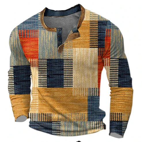 Stijlvol heren Henley shirt met patchwork design en lange mouwen, ideaal voor herfst/winter. Comfortabele casual kleding.