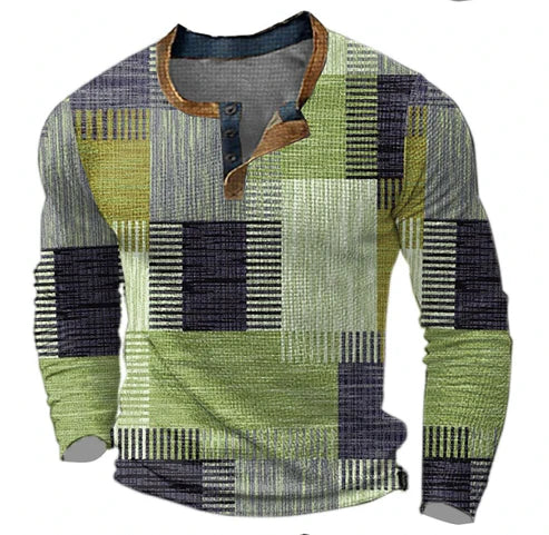 Comfortabele heren patchwork trui met Henley kraag. Veelzijdig en geschikt voor grote maten, perfect voor dagelijkse herfstkleding.