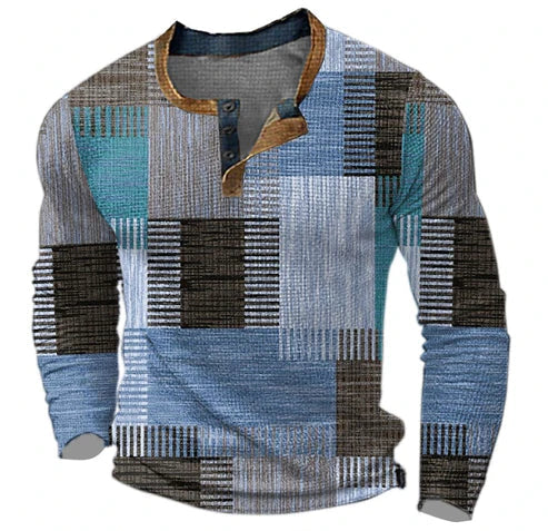 Warme heren Henley trui met uniek patchwork patroon en lange mouwen, perfect voor stijlvolle herfst- en wintermode.