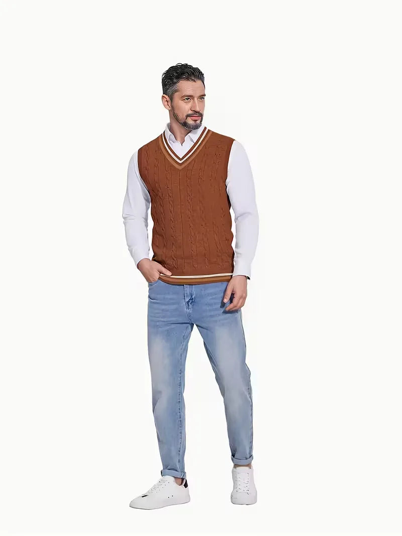 Gebreid mouwloos herenvest met V-hals, ideaal voor laagjes en een smartcasual stijl.