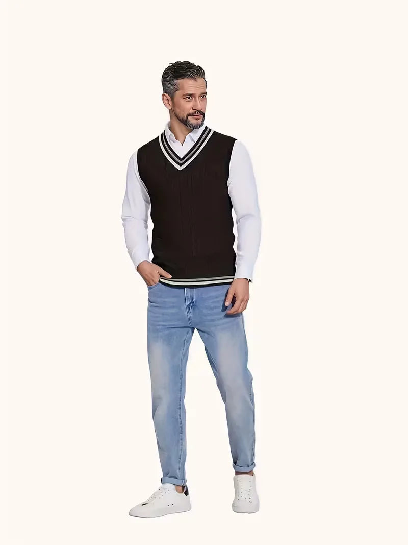 Heren mouwloos vest met V-hals, gebreid, kabelpatroon. Comfortabele herfst- en wintermode.