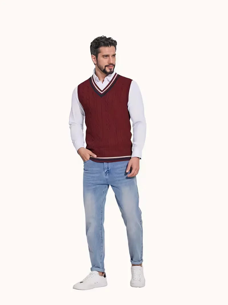 Heren mouwloos vest met V-hals, gebreid met subtiel kabelpatroon. Veelzijdig voor elke look.