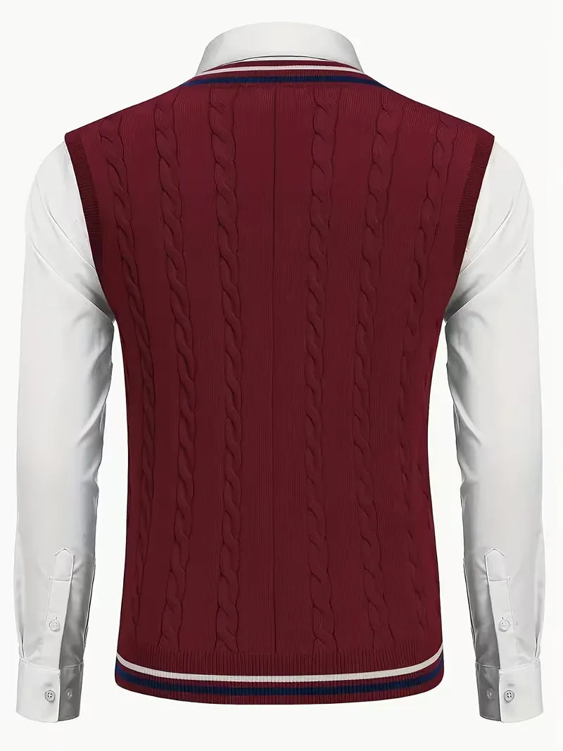 Gebreid heren mouwloos vest met V-hals. Smartcasual kledingstuk voor de herfst en winter.