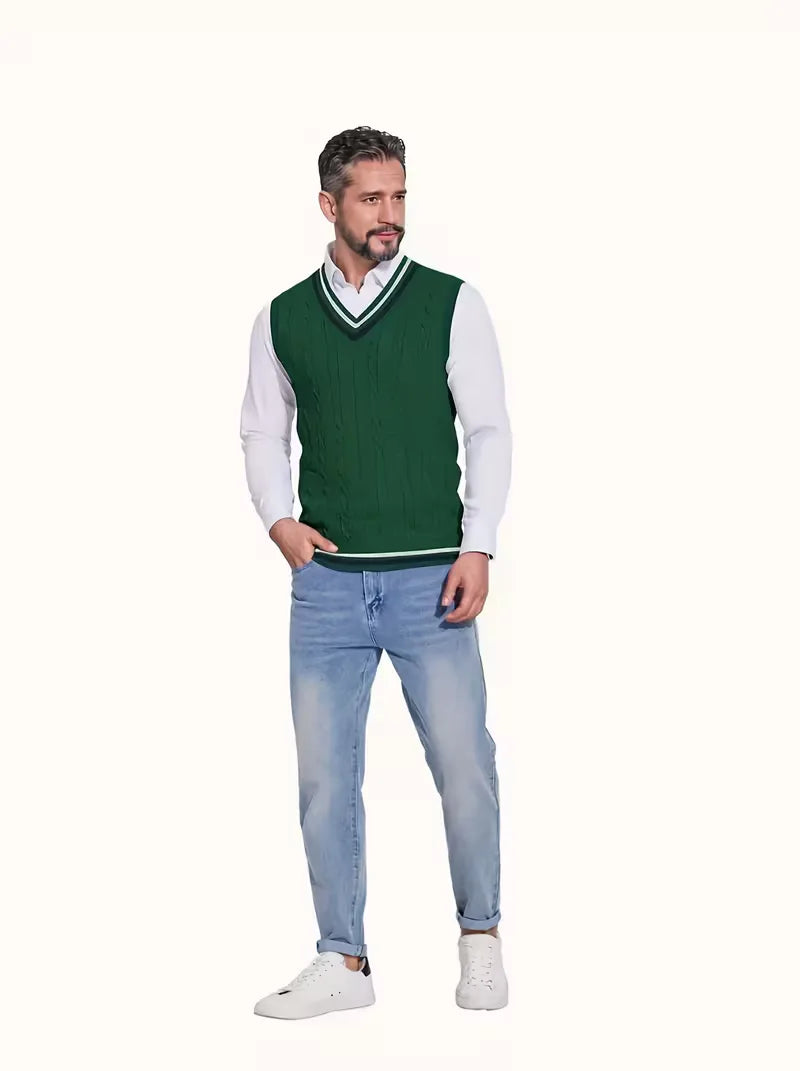 Stijlvol heren mouwloos vest met V-hals, gebreid, voor een elegante smartcasual look.