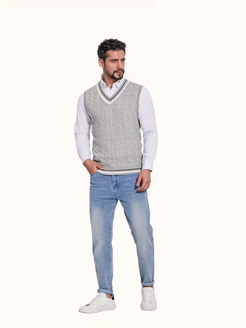 Comfortabel gebreid herenvest met V-hals, mouwloos. Stijlvol voor winterse outfits.