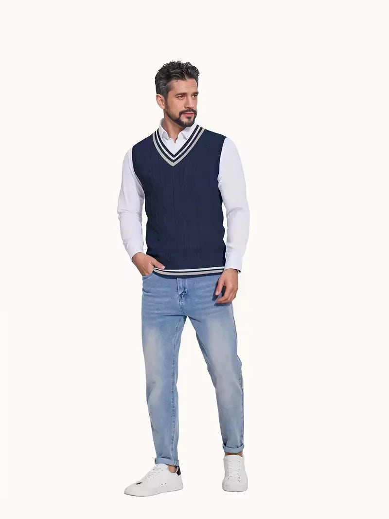Heren mouwloos vest, V-hals, gebreid, voor de perfecte laagjes look in herfst/winter.