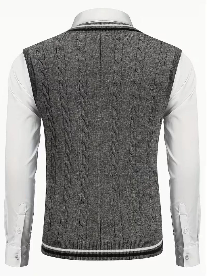Stijlvol heren mouwloos vest met V-hals, gebreid design, ideaal voor smartcasual herfstmode.