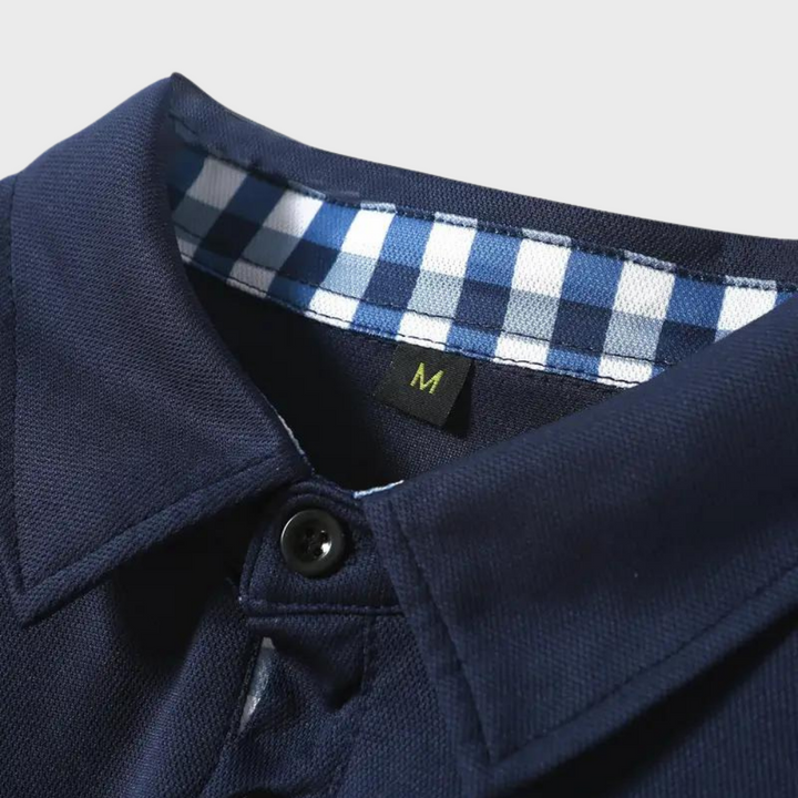Stijlvol heren poloshirt met lange mouwen in marineblauw, zilvergrijs en zwart voor comfort en veelzijdige uitstraling.